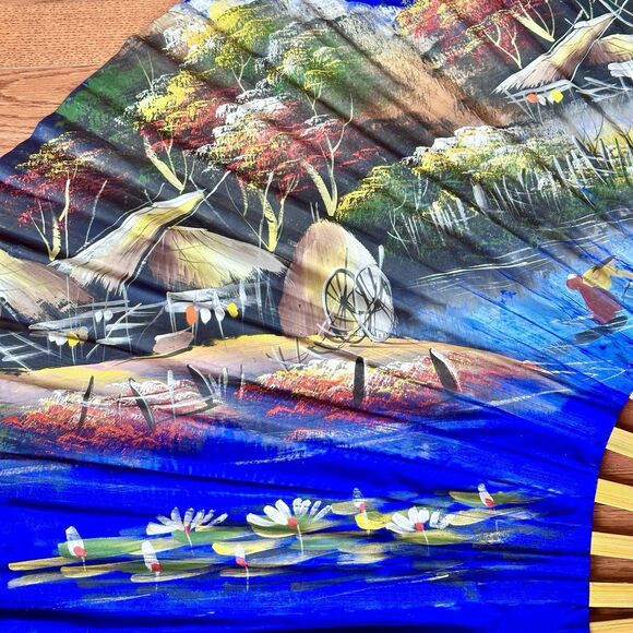 60 x 35 VTG Large Asian Fan Hanging Wall Décor HandPainted Village Mountain Lake - Picture 6 of 13